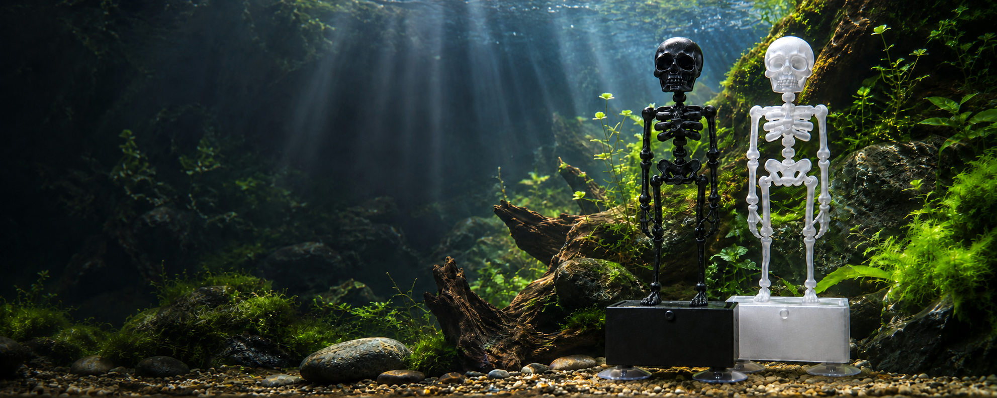 Skeleton aquarium decoration moving underwater with bubbles